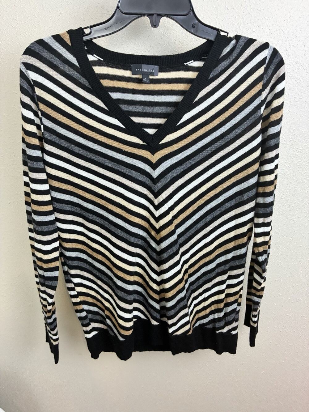 THE LIMITED VTG Striped V-Neck Sweater Women L Lightweight Wool Blend Shirt EUC